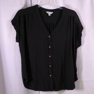 Orvis Black V‑Neck Button Front Cap Sleeve Blouse Womens Large Boho